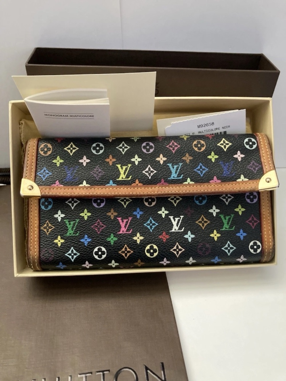 Louis Vuitton Black Multicolor Monogram Trifold Wallet with Natural Trim